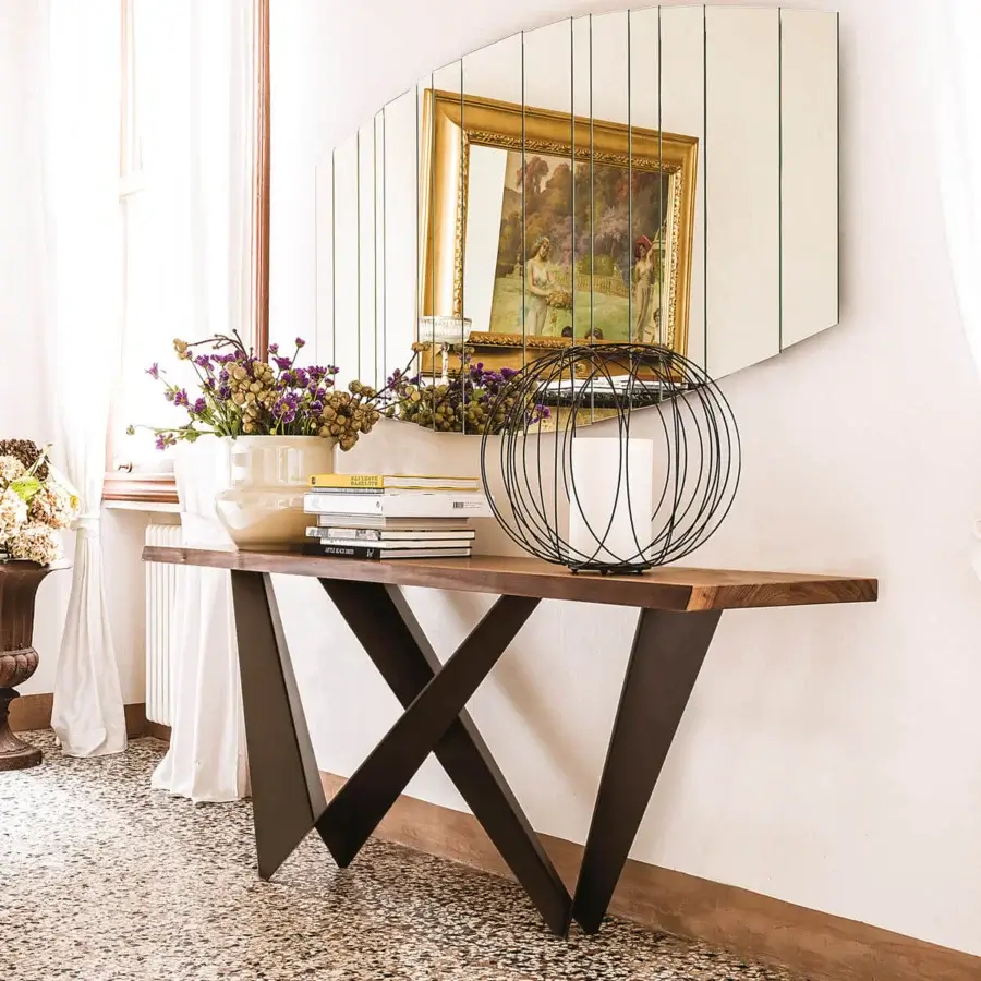 Distinguished Cattelan Italia Westin console with graphite embossed lacquered steel base and clear glass top