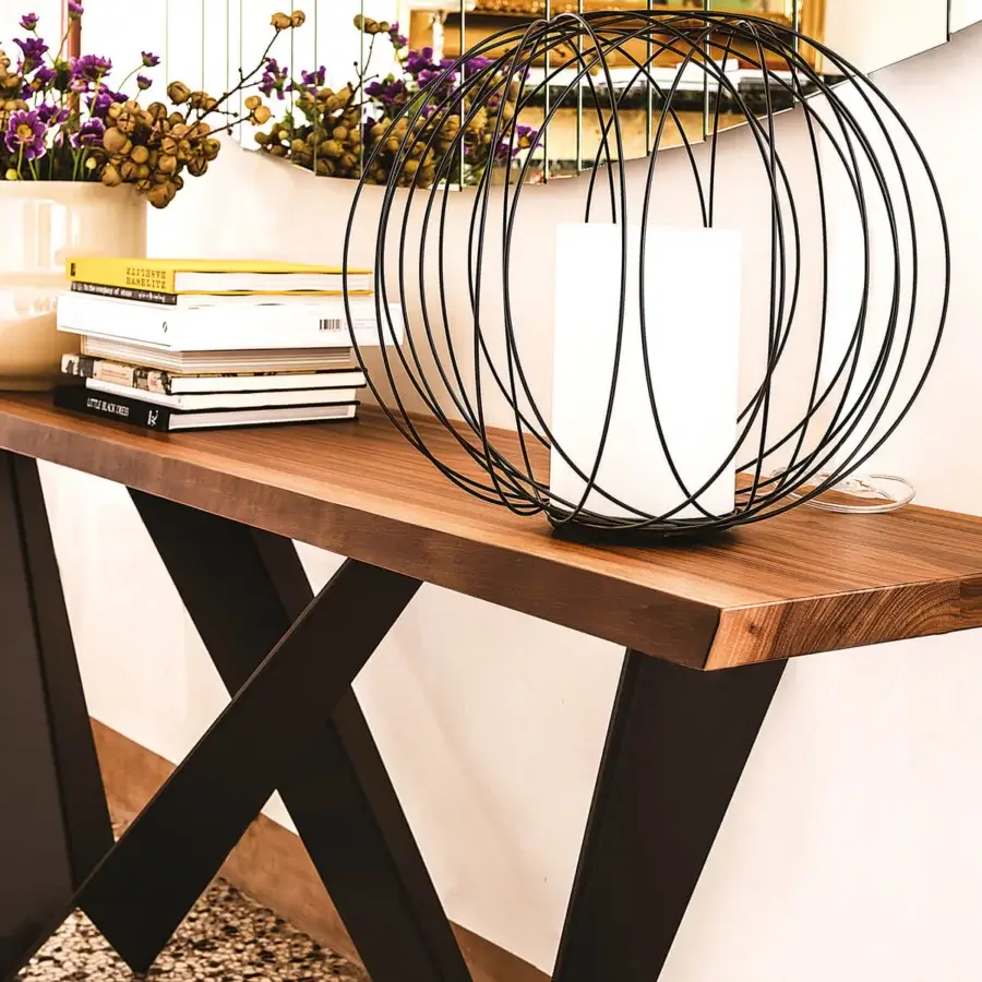 Elegant Cattelan Italia Westin console with extra clear glass top and graphite embossed lacquered steel base