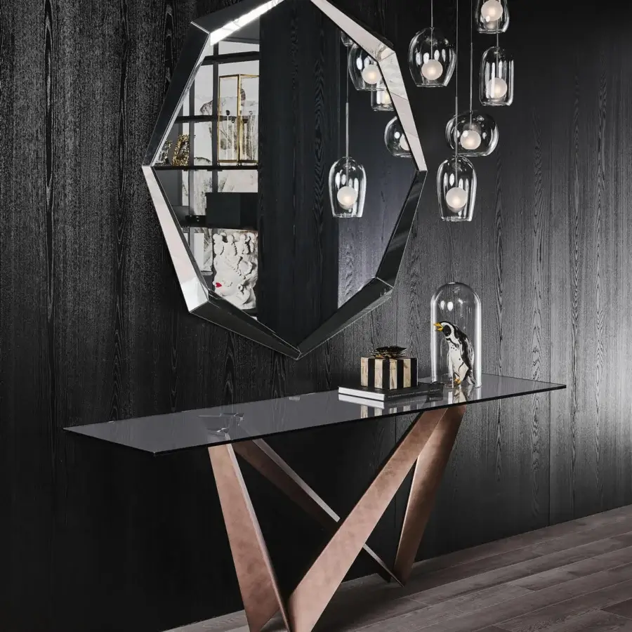Exceptional Cattelan Italia Westin console with clear glass top and embossed lacquered steel base in a muted bronze tone