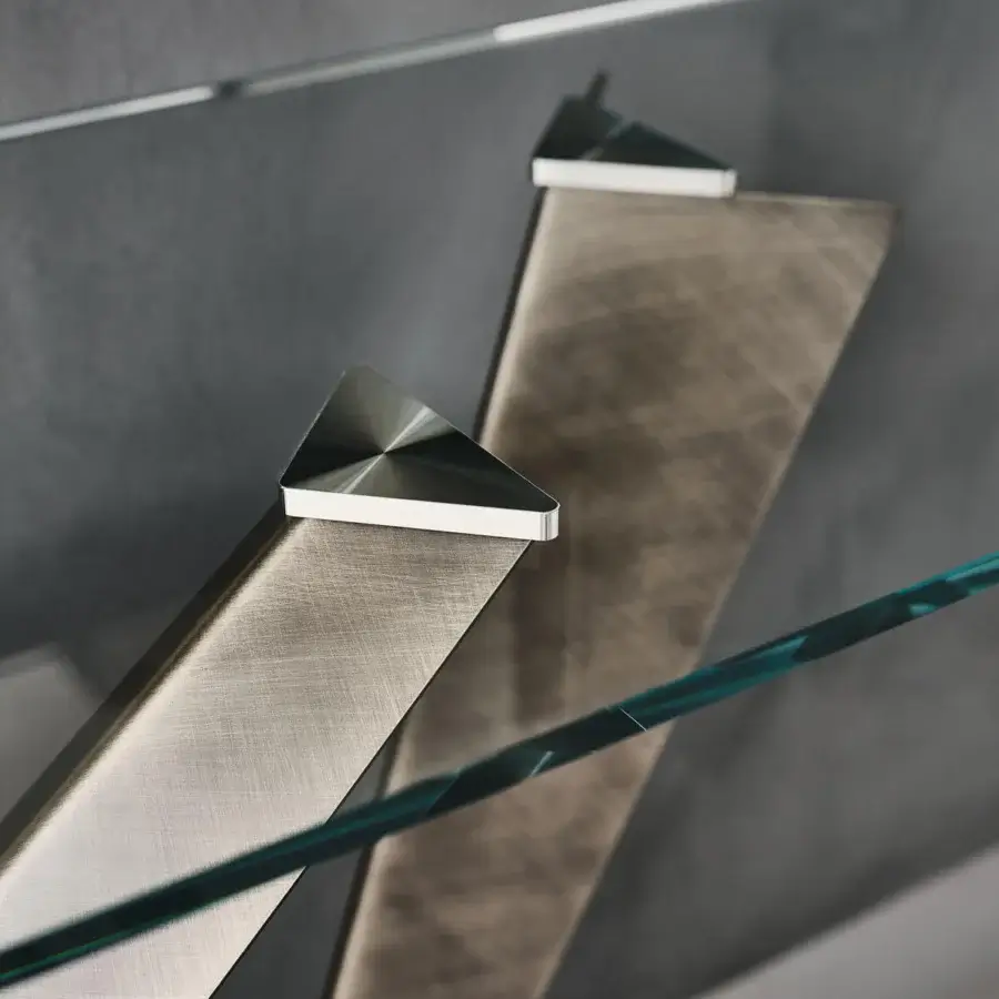 Distinguished Cattelan Italia Westin console with graphite embossed lacquered steel base and transparent glass shelves crafted with polished triangular details