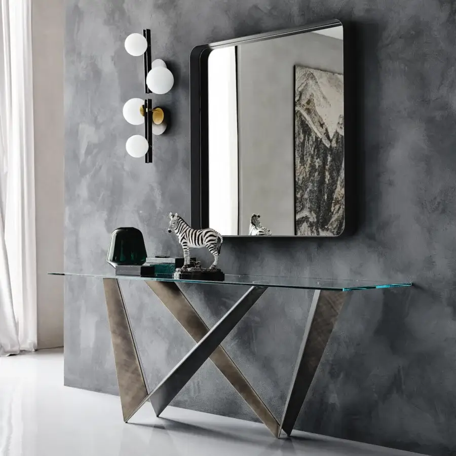 Elegant Cattelan Italia Westin console with clear glass top and mix embossed lacquered steel base in silver and bronze tones