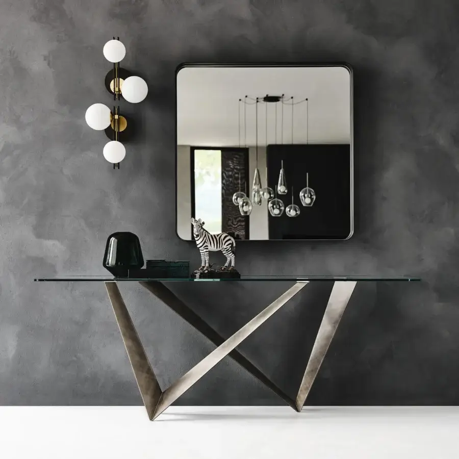 Exceptional Cattelan Italia Westin console with sleek clear glass top and titanium embossed lacquered steel base