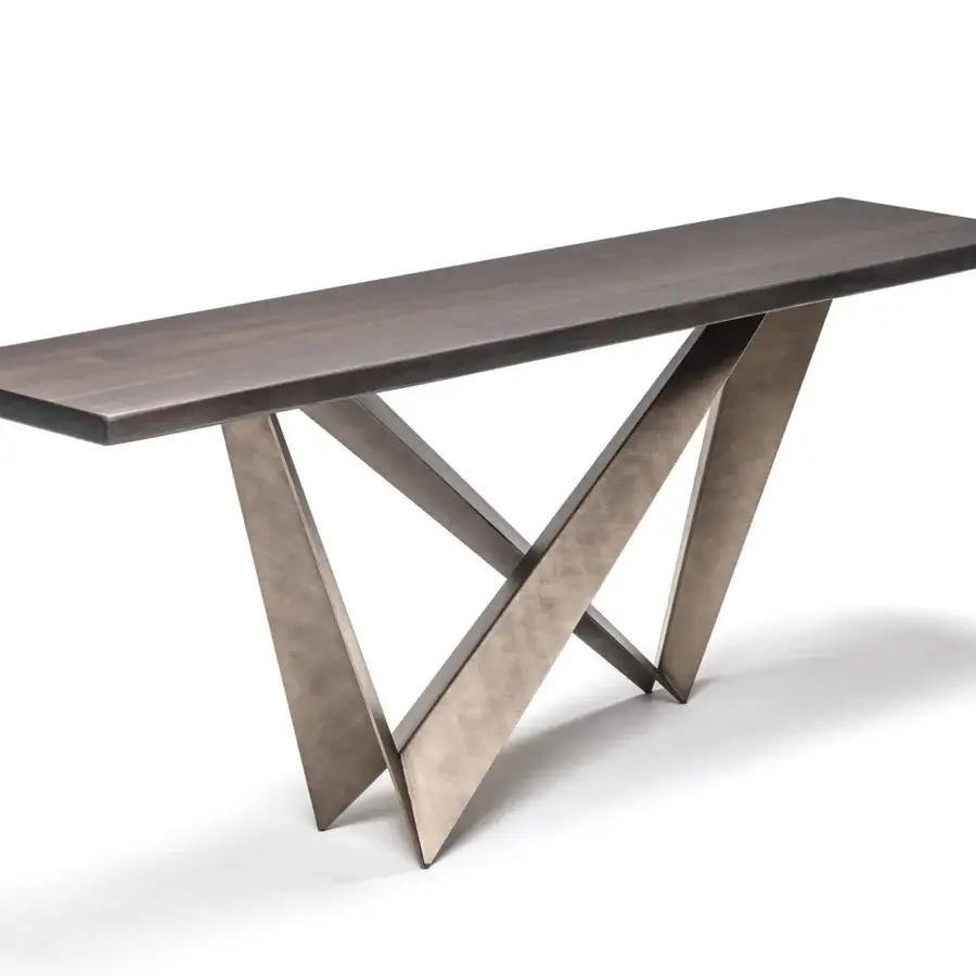 Superior Cattelan Italia Westin console with clear glass top and embossed lacquered light brown steel base