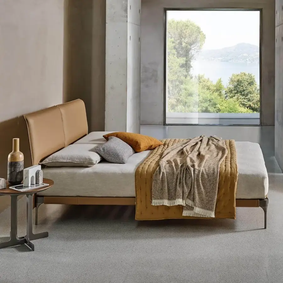 Superior Ditre Italia Ada bed with slimline headboard and light gray upholstered low-profile frame built with dark metal legs