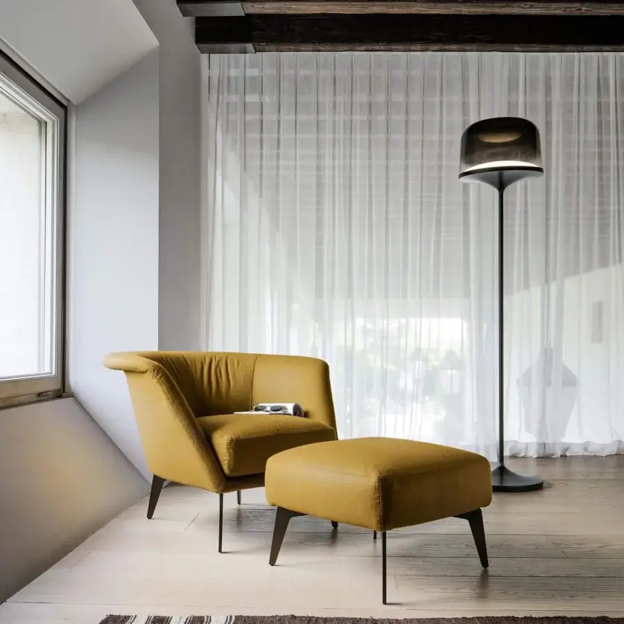 Exclusive Bonaldo Lovy lounge chair in mustard yellow removable fabric with matt painted metal feet and matching ottoman