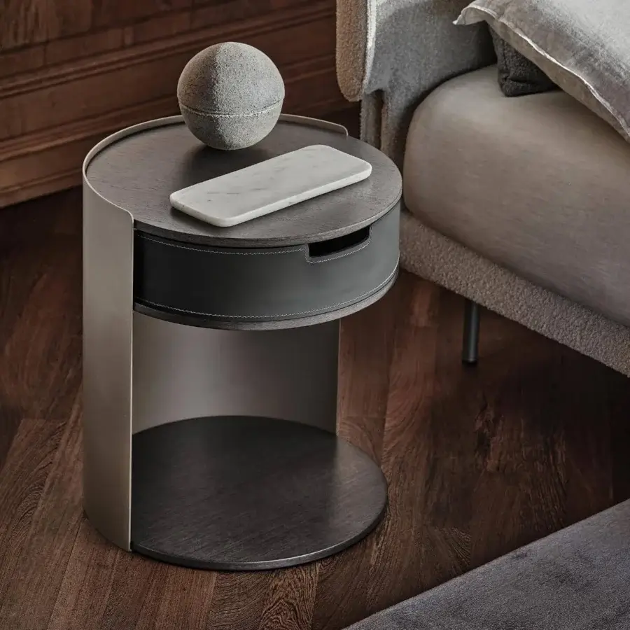 Impeccable Ditre Italia Skin nightstand with dark veneered wood and dark gray bonded leather drawer crafted with light metal structure