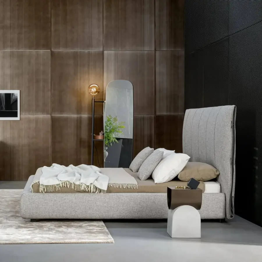 Superior Bonaldo Cuff bed with tailored details, light gray woven textile upholstery and pleated back panel cover