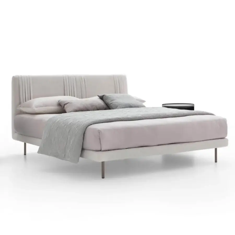 Distinguished Ditre Italia Chloè bed with light gray woven upholstery and refined vertical pleating on the headboard crafted with matte metal legs