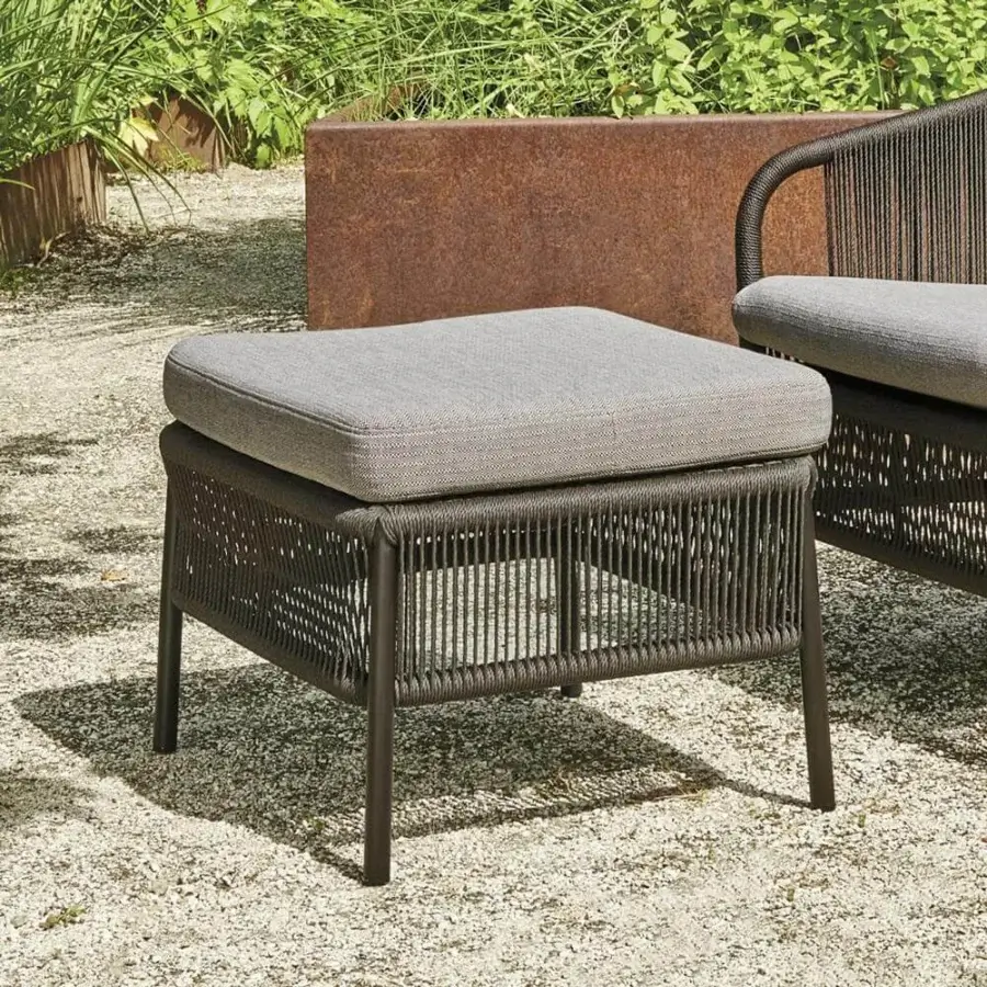 Distinguished Varaschin Cricket ottoman with dark brown woven base and light gray cushion crafted in powder-coated aluminum
