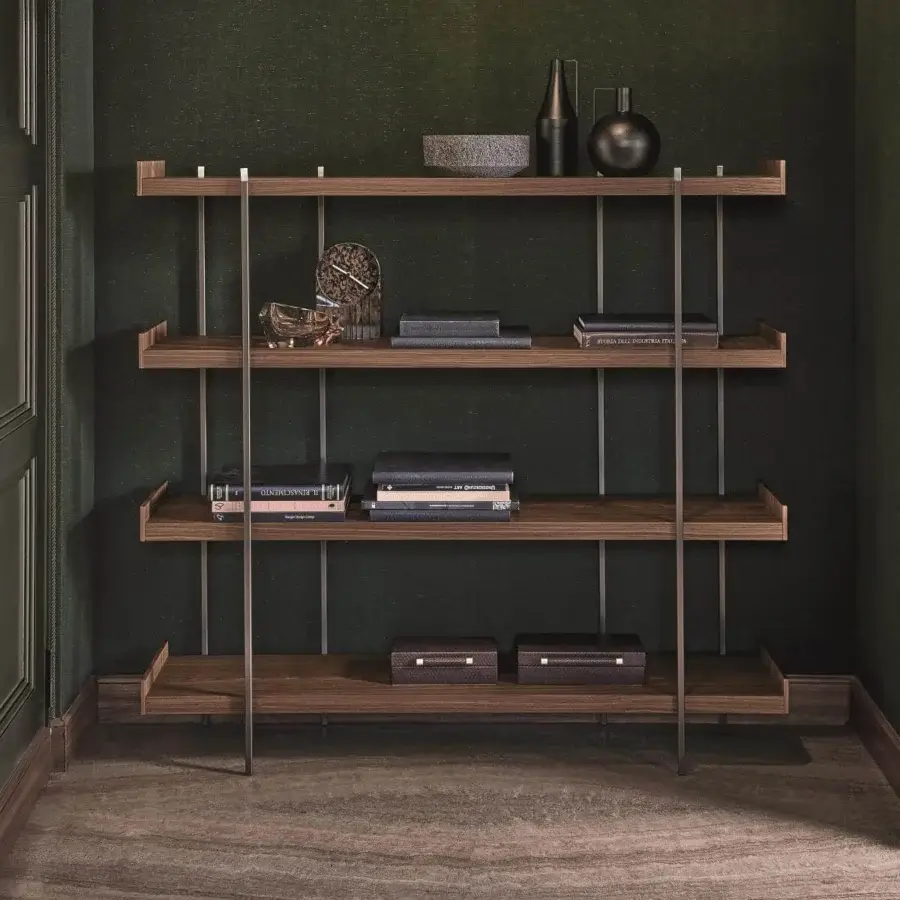 Architectural Ditre Italia Unit bookcase with dark brown veneered wood shelves and satin silver metal frame
