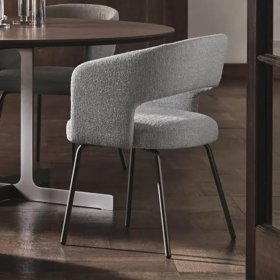 Distinctive Ditre Italia 356 armchair with enveloping shell form in gray textile and varnished dark matte metal legs