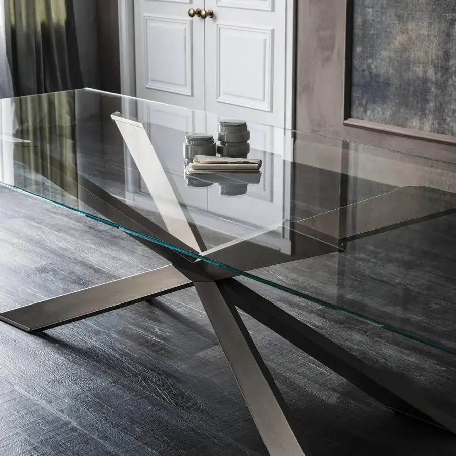 Exclusive Cattelan Italia Spyder table with clear glass top and sleek matte graphite painted steel base