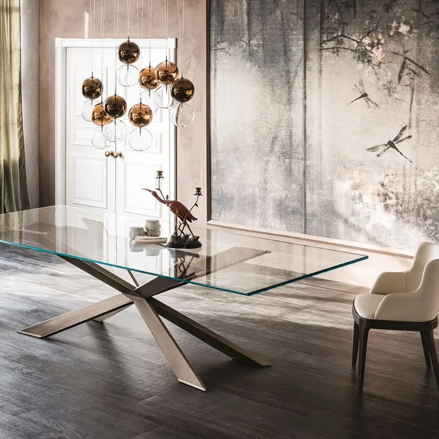 Superior Cattelan Italia Spyder table with clear glass top and weathered brass steel base crafted in Italy