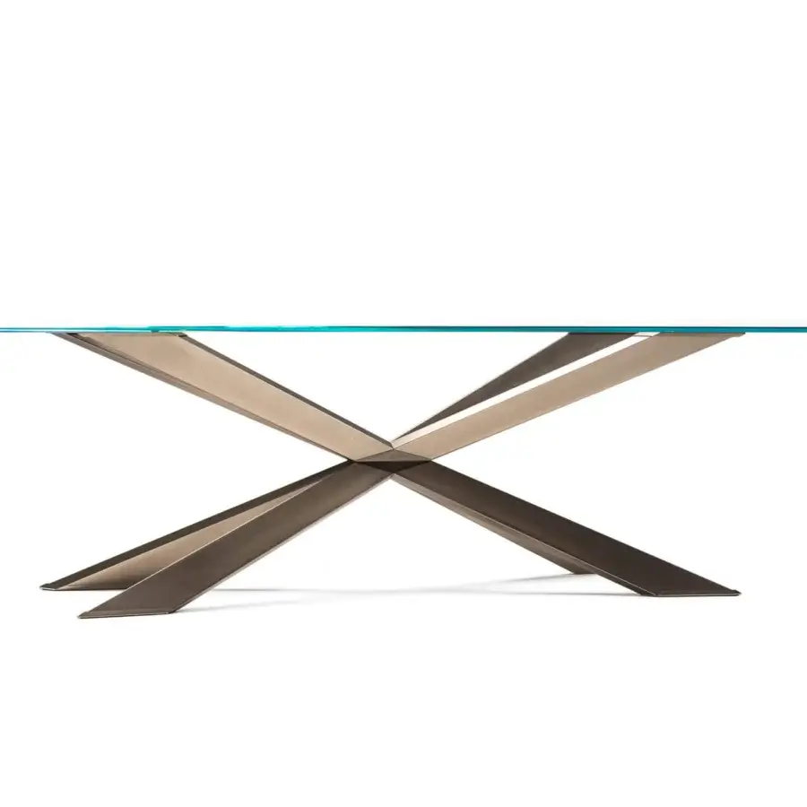 Exceptional Cattelan Italia Spyder table with clear glass top and weathered brass painted steel base