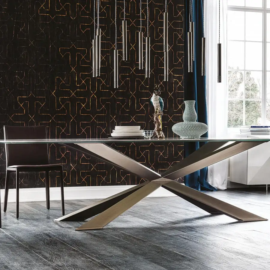 Exceptional Cattelan Italia Spyder table with ceramic top and matt graphite painted steel ‘X’ base showcasing tonal variations
