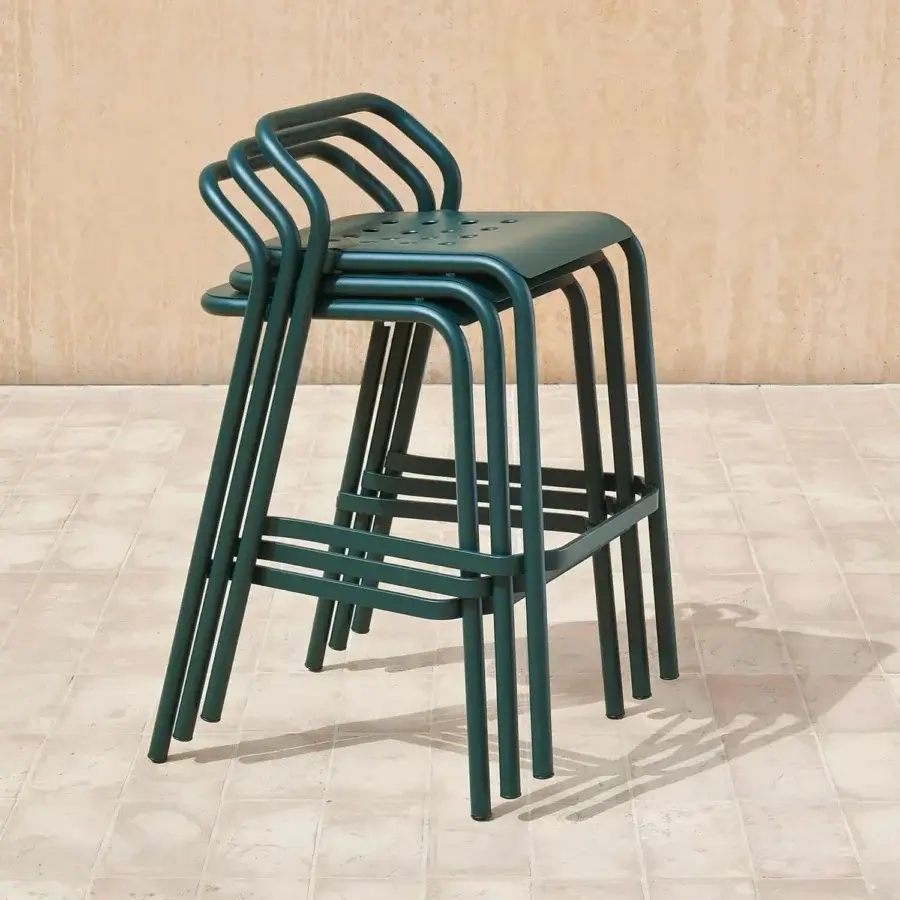 Distinguished Varaschin Noss stool with aluminum tube structure and perforated seat in dark green matte finish