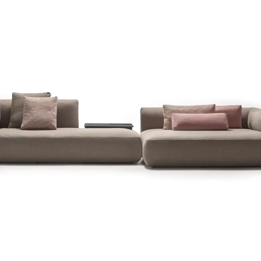 Exceptional MDF Italia Cosy sectional with padded modular elements in muted brown textile and geometric form, enhanced with patterned cushions