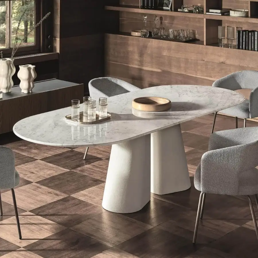Superior Ditre Italia Pillar table with oval white marble top and textured white cement pillars crafted in Italy