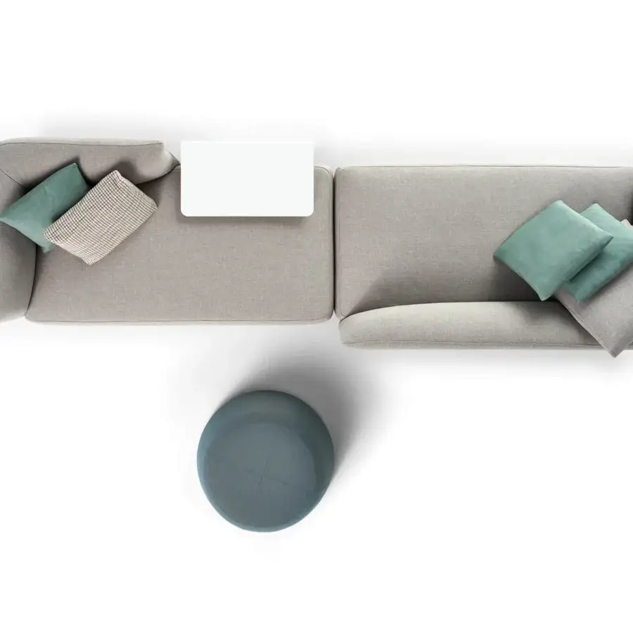 Lavish MDF Italia Cosy sectional with modular elements covered in refined grey textile, plus houndstooth wadding cushions and a sleek white side table