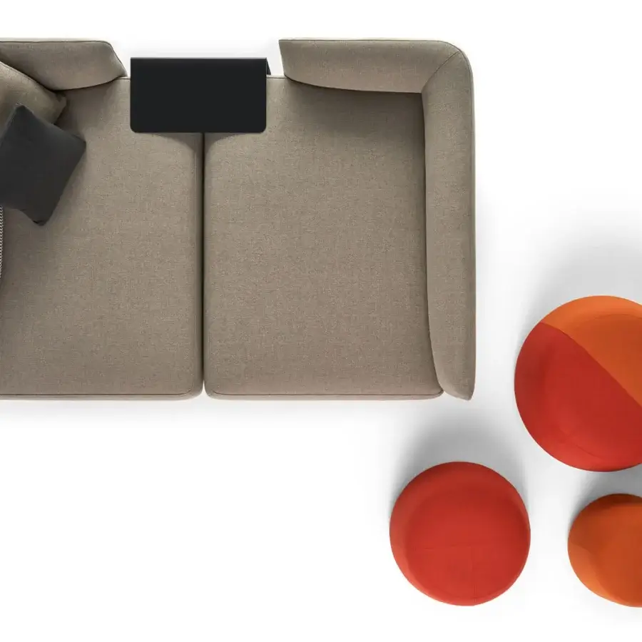Distinguished MDF Italia Cosy sectional with a soft silhouette upholstered in neutral tan fabric and built with a solid wood frame