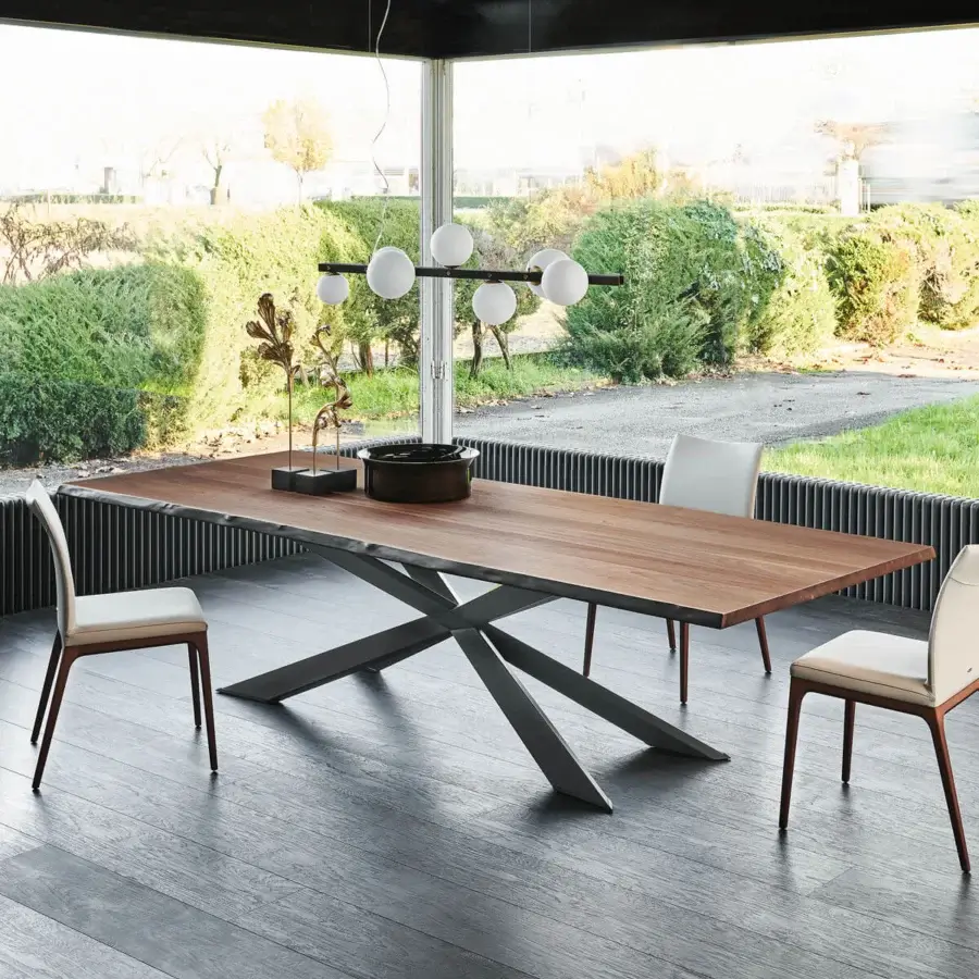 Distinguished Cattelan Italia Spyder Wood table with graphite painted steel base and natural oak tabletop crafted with irregular solid wood edges in matte finish