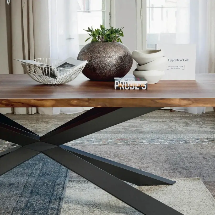 Exceptional Cattelan Italia Spyder Wood table with warm Canaletto walnut and dark graphite painted steel base in a matte finish