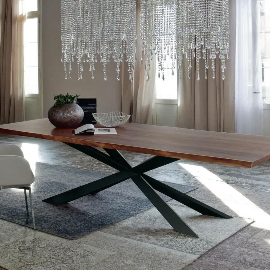 Distinguished Cattelan Italia Spyder Wood table built with a Canaletto walnut top and graphite painted steel star-shaped base