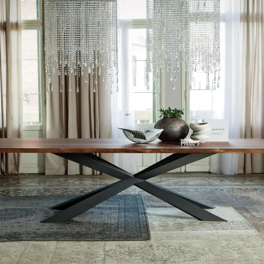Exceptional Cattelan Italia Spyder Wood table with irregular solid wood edges in Canaletto walnut and a black painted steel base