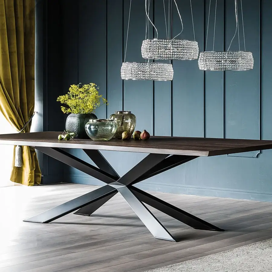 Elegant Cattelan Italia Spyder Wood table with a Canaletto walnut top and striking matt black painted steel base