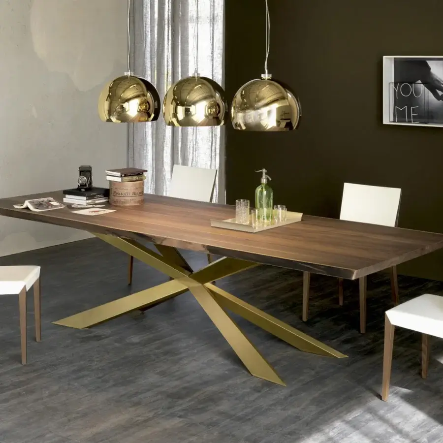 Exceptional Cattelan Italia Spyder Wood table built with a Canaletto walnut top and glossy gold finished steel base