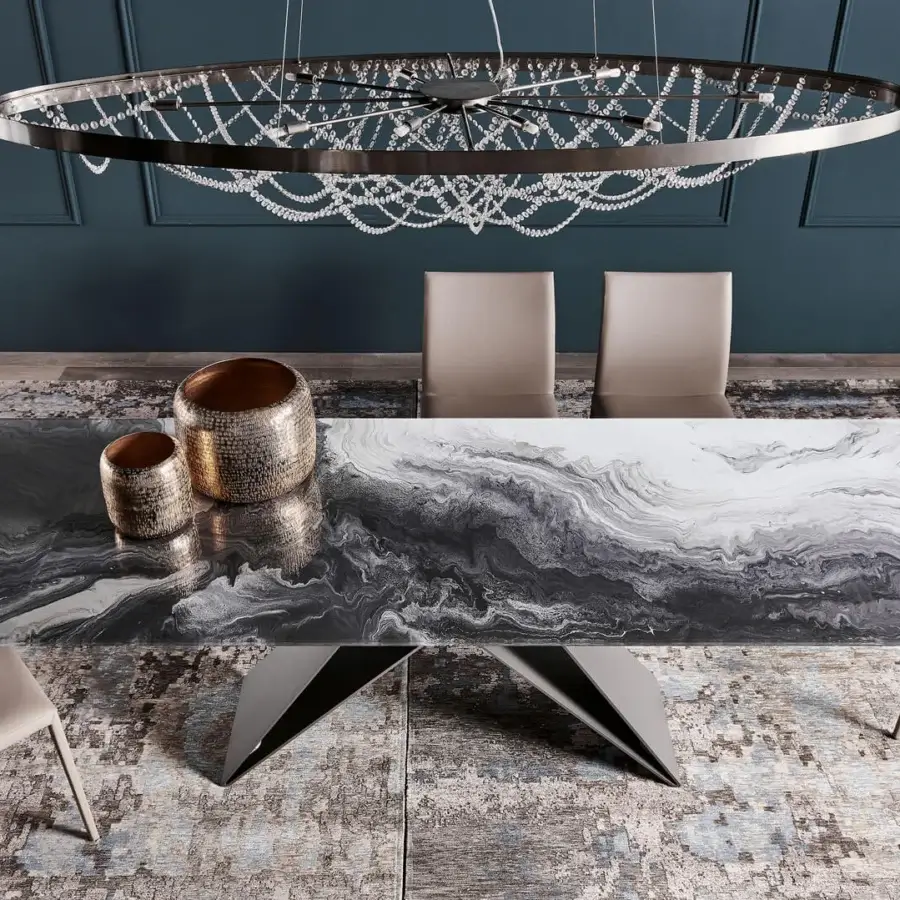 Elegant Cattelan Italia Premier CrystalArt table with titanium embossed steel and beveled extra clear glass showcasing chromatic decorative printing