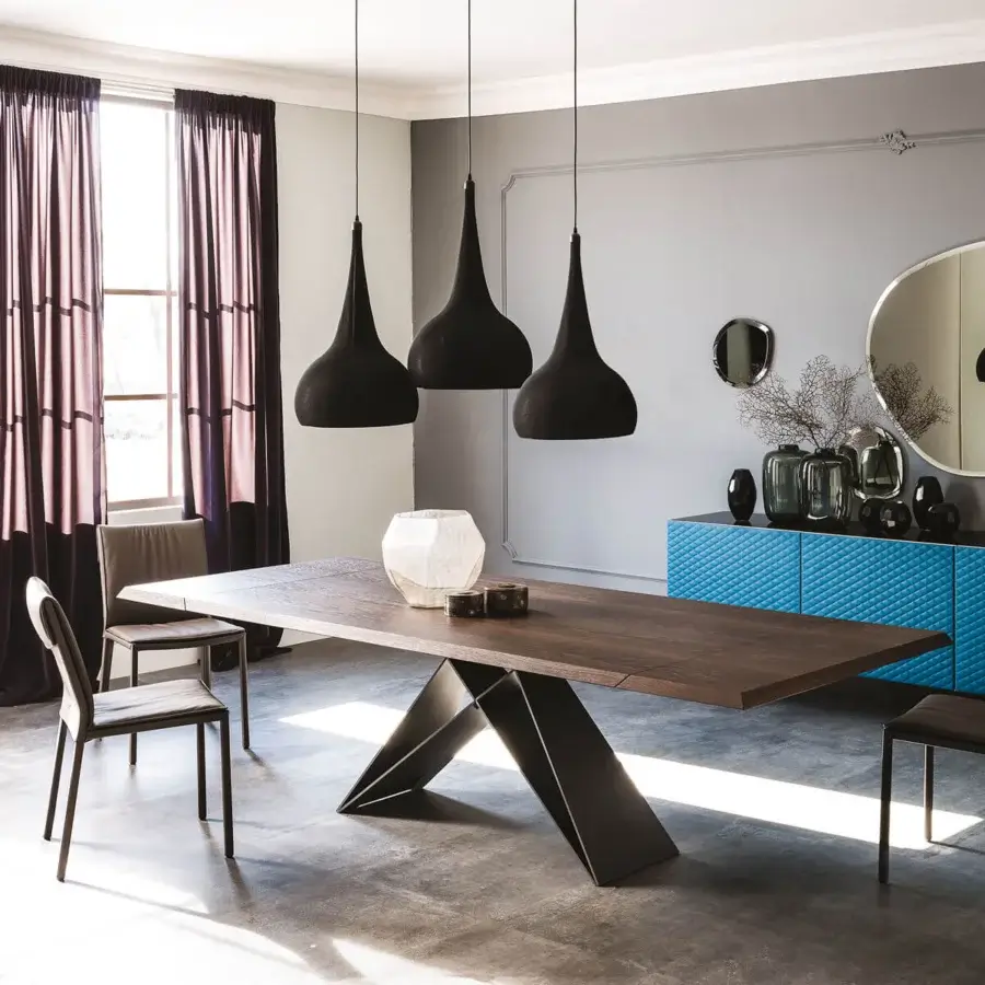 Distinguished Cattelan Italia Premier Wood table with a Canaletto Walnut top and black embossed lacquered steel base