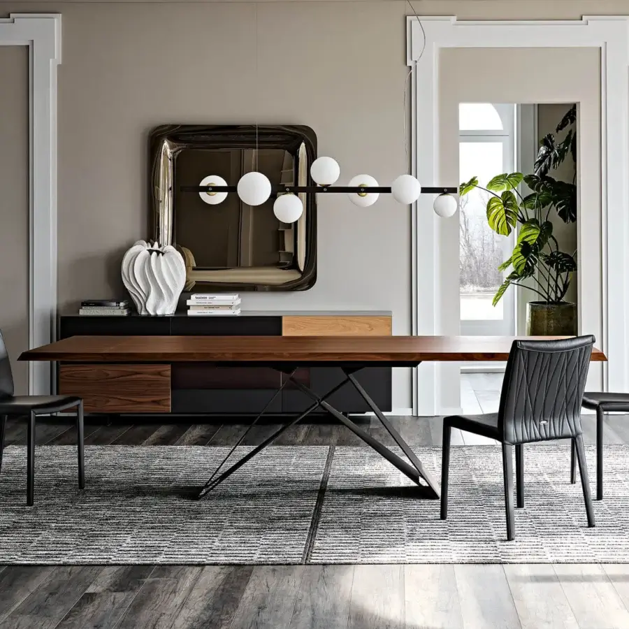 Captivating Cattelan Italia Premier Wood table with a Canaletto Walnut top and black embossed lacquered steel base exhibiting a smooth finish