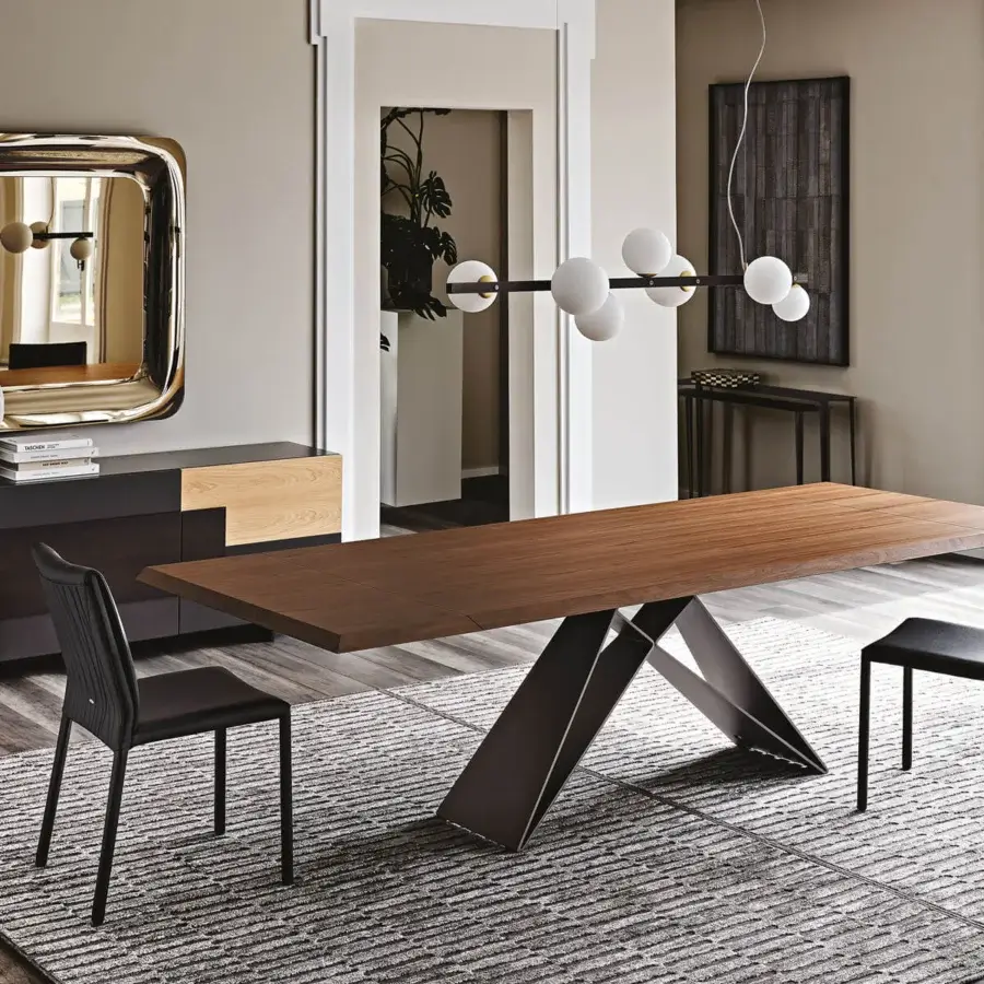 Distinctive Cattelan Italia Premier Wood table with a Canaletto Walnut top and black embossed lacquered steel base crafted in Italy