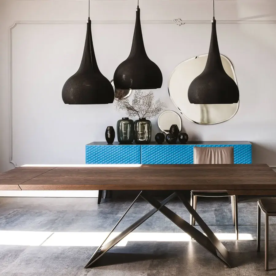 Exclusive Cattelan Italia Premier Wood table with Canaletto Walnut top, graphite embossed lacquered steel base and angled extensions