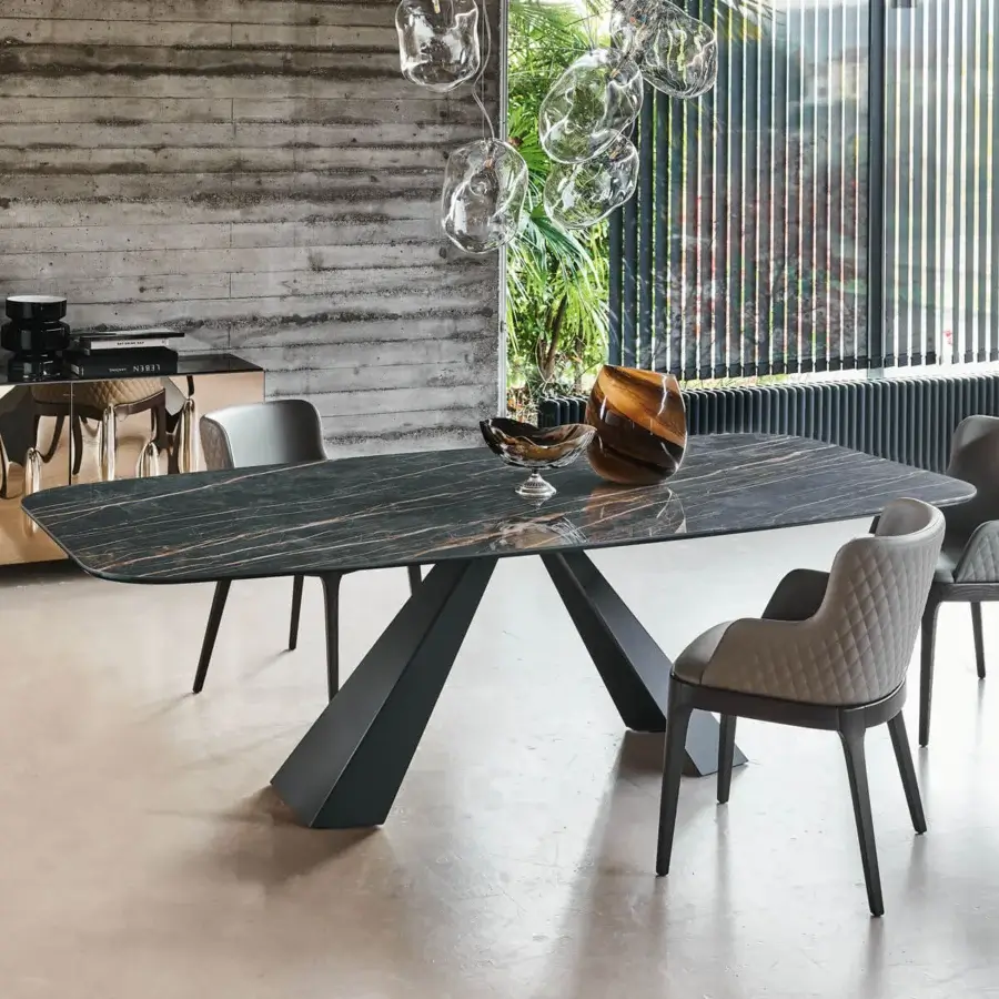 Stunning Cattelan Italia Eliot Keramik table with glossy Sahara Noir Marmi ceramic top and graphite embossed lacquered steel base