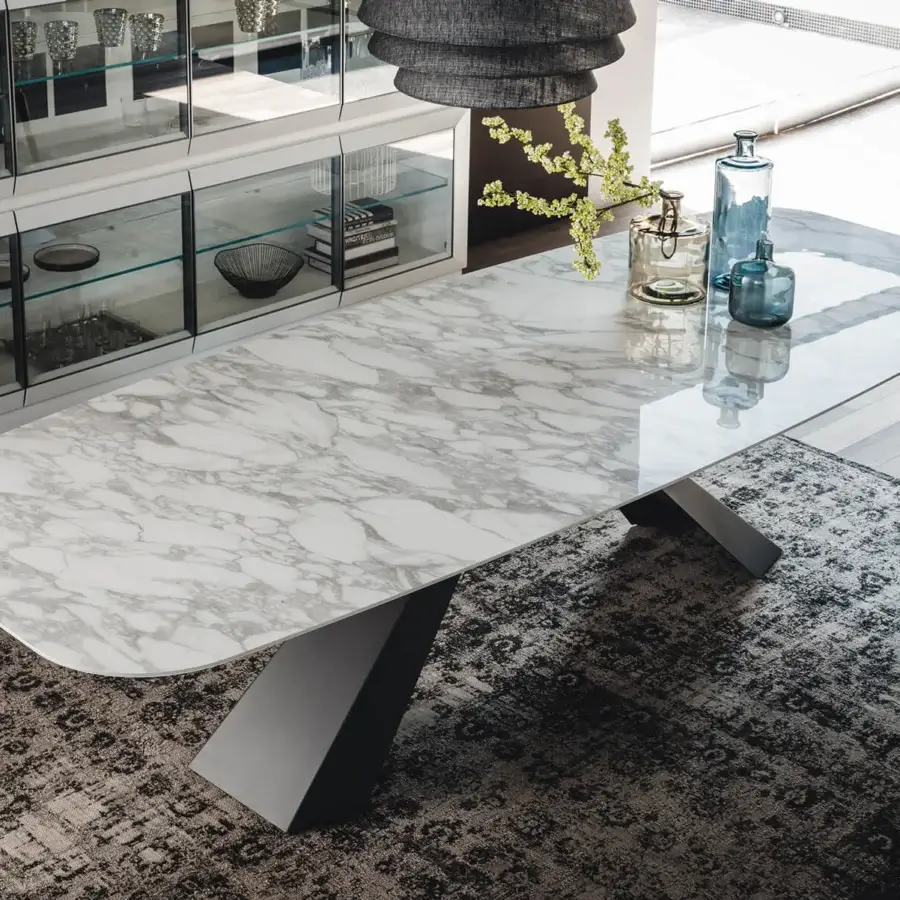 Distinguished Cattelan Italia Eliot Keramik table with swirling grey and white Marmi Supreme ceramic and graphite embossed lacquered steel base