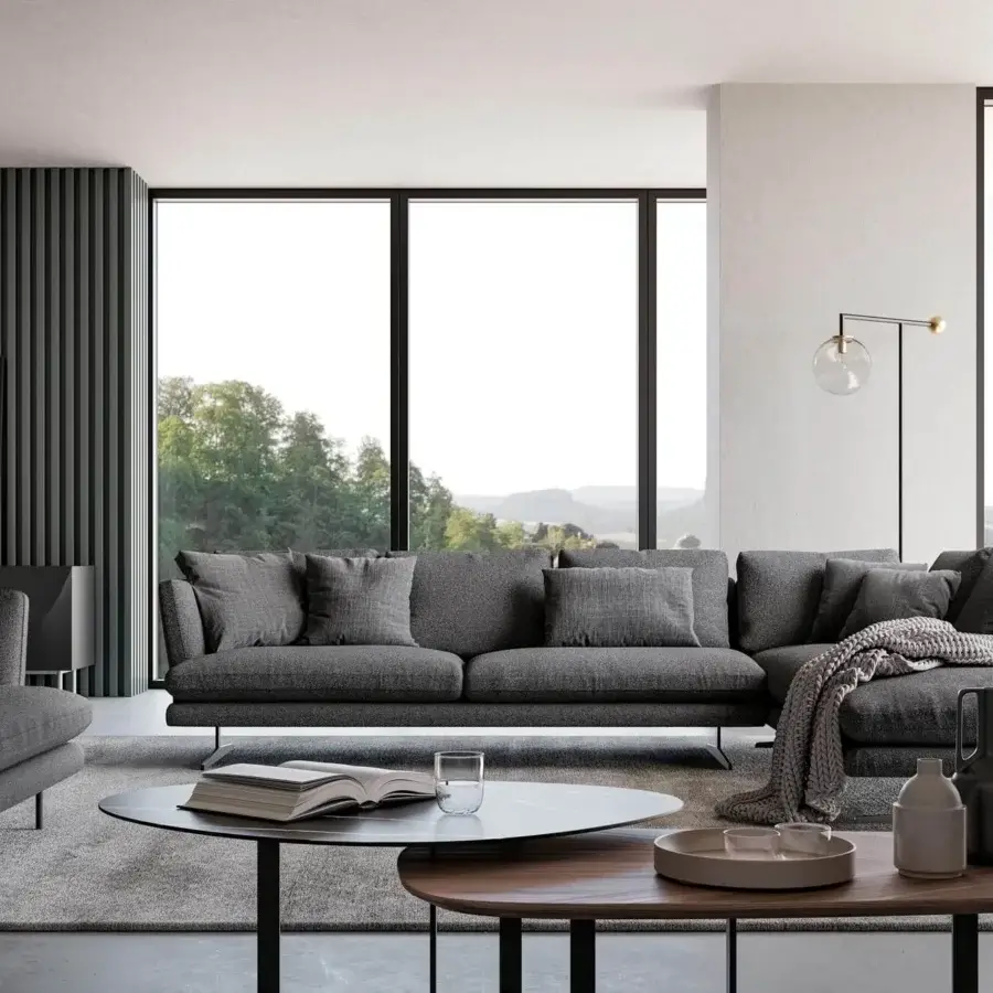 Distinguished Bonaldo Lars sectional with matte medium gray textile upholstery and slender dark metal legs