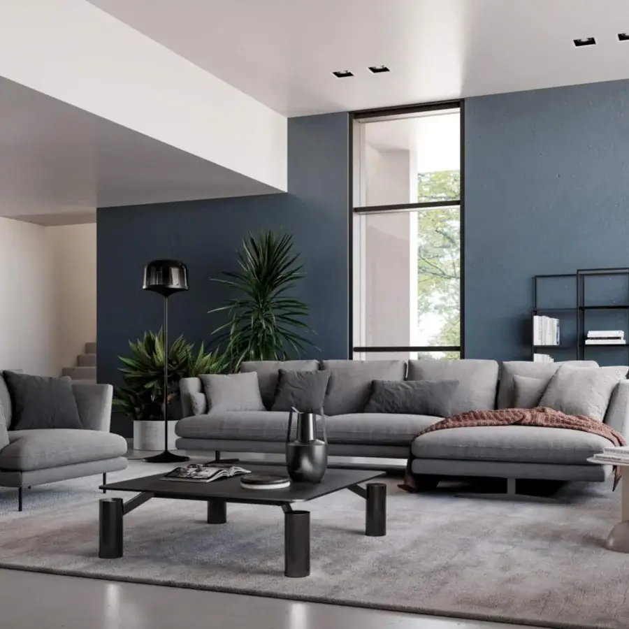 Exceptional Bonaldo Lars sectional with smooth matte gray textile upholstery and outward-inclined armrests built on a concealed base