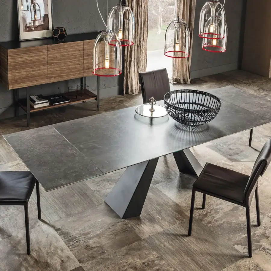 Sophisticated Cattelan Italia Eliot Keramik table with dark gray Ardesia Marmi ceramic top and black embossed lacquered steel base