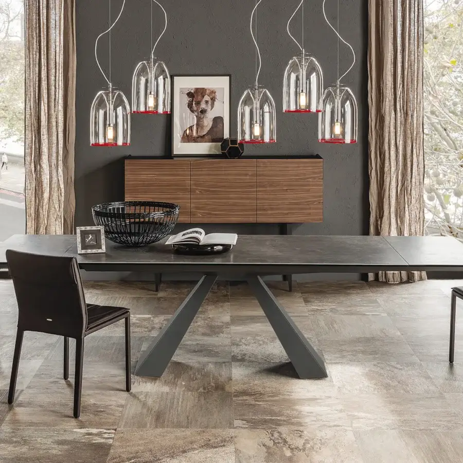 Exceptional Cattelan Italia Eliot Keramik table with a matt Ardesia Marmi ceramic top and graphite embossed lacquered steel base
