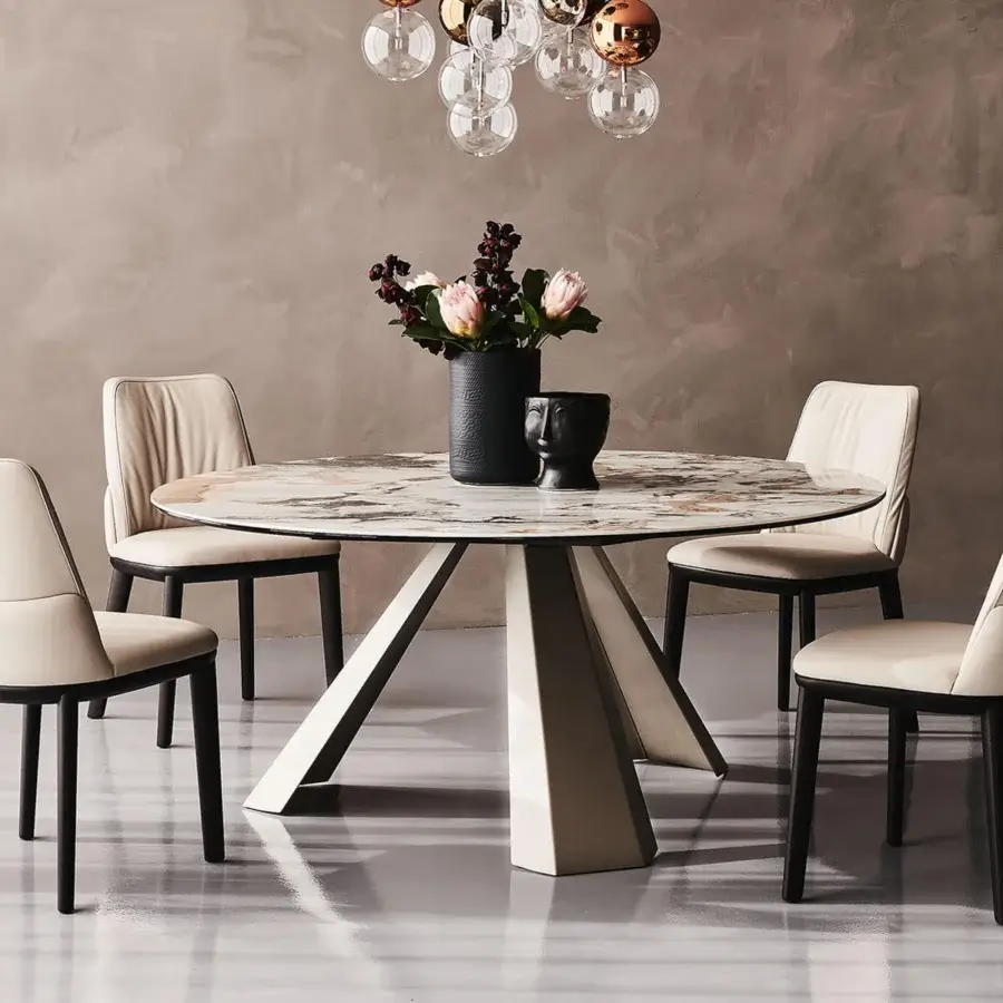 Elegant Cattelan Italia Eliot Keramik table with marbled ceramic top and embossed lacquered steel pedestal base