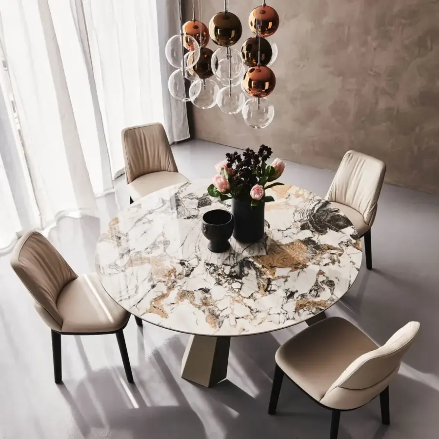 Exceptional Cattelan Italia Eliot Keramik table with swirling ceramic top in white, black and gold tones with matte beige lacquered steel base