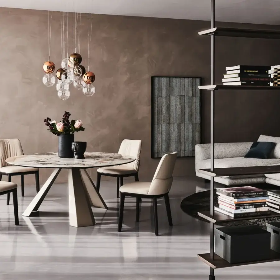 Distinguished Cattelan Italia Eliot Keramik table with geometric embossed lacquered steel base in graphite and patterned ceramic top