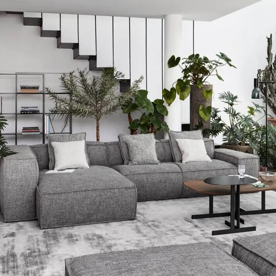 Refined Bonaldo Peanut B sofa with enveloping medium gray textured fabric and subtly elevated anthracite gray painted wood feet