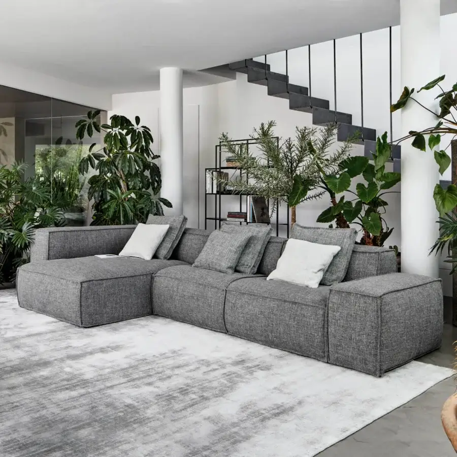 Exceptional Bonaldo Peanut B sofa with enveloping softness and textured matte gray fabric upholstery showcasing clean lines