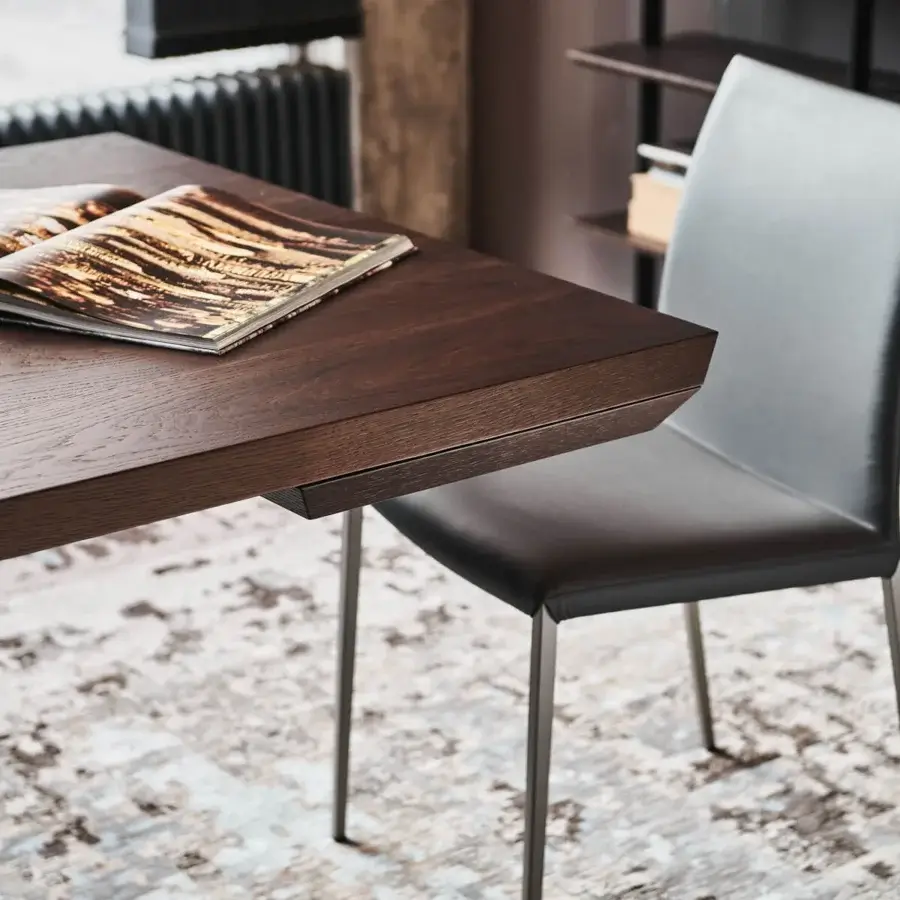 Superior Cattelan Italia Eliot Wood Drive table in Canaletto walnut with angled edges and titanium embossed lacquered steel base