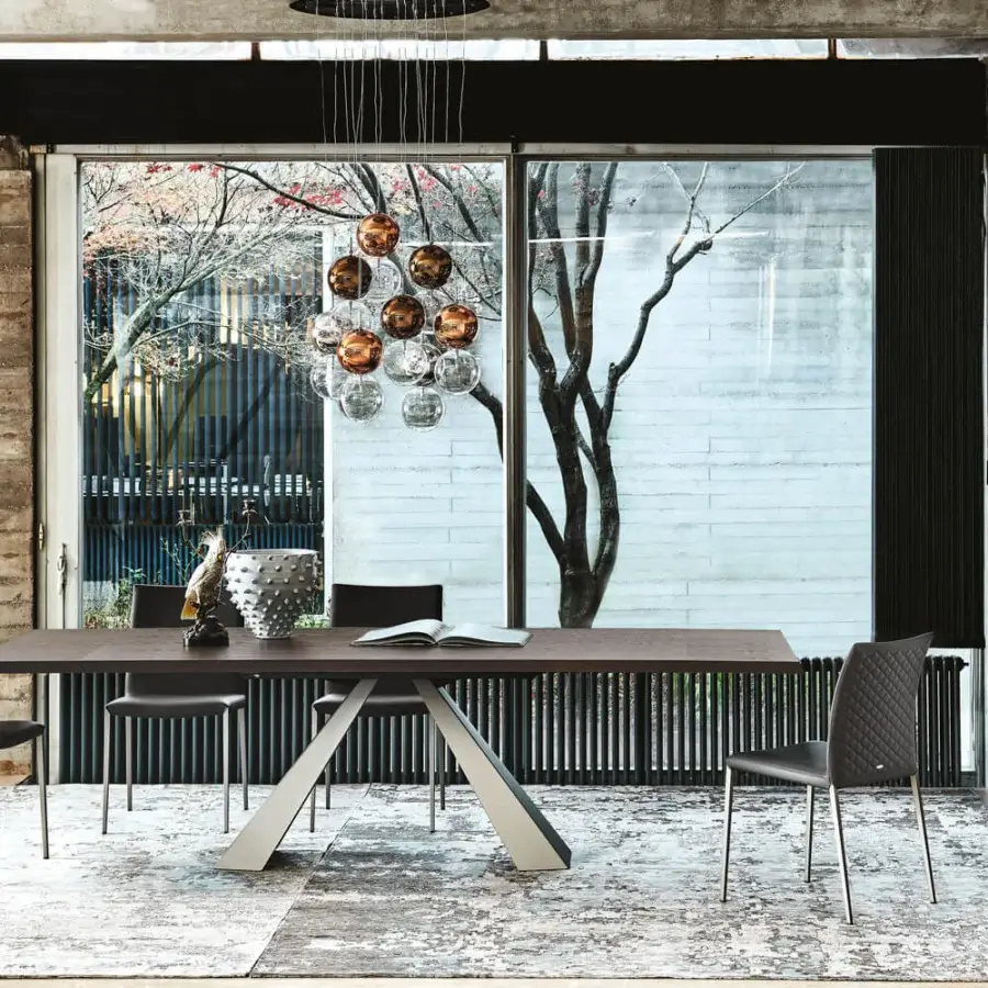 Elegant Cattelan Italia Eliot Wood Drive table in Canaletto walnut with light grey embossed lacquered steel and matte finish