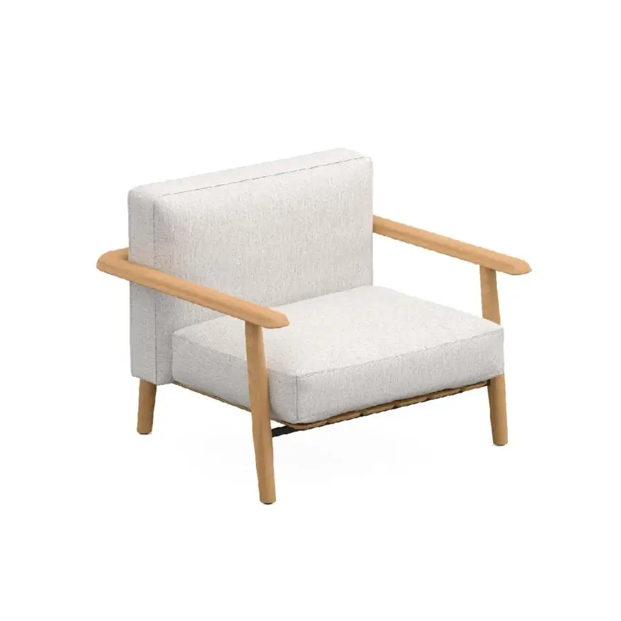 Sophisticated Royal Botania Mambo lounge chair with steel and teak wood built with plush light-colored textile upholstery