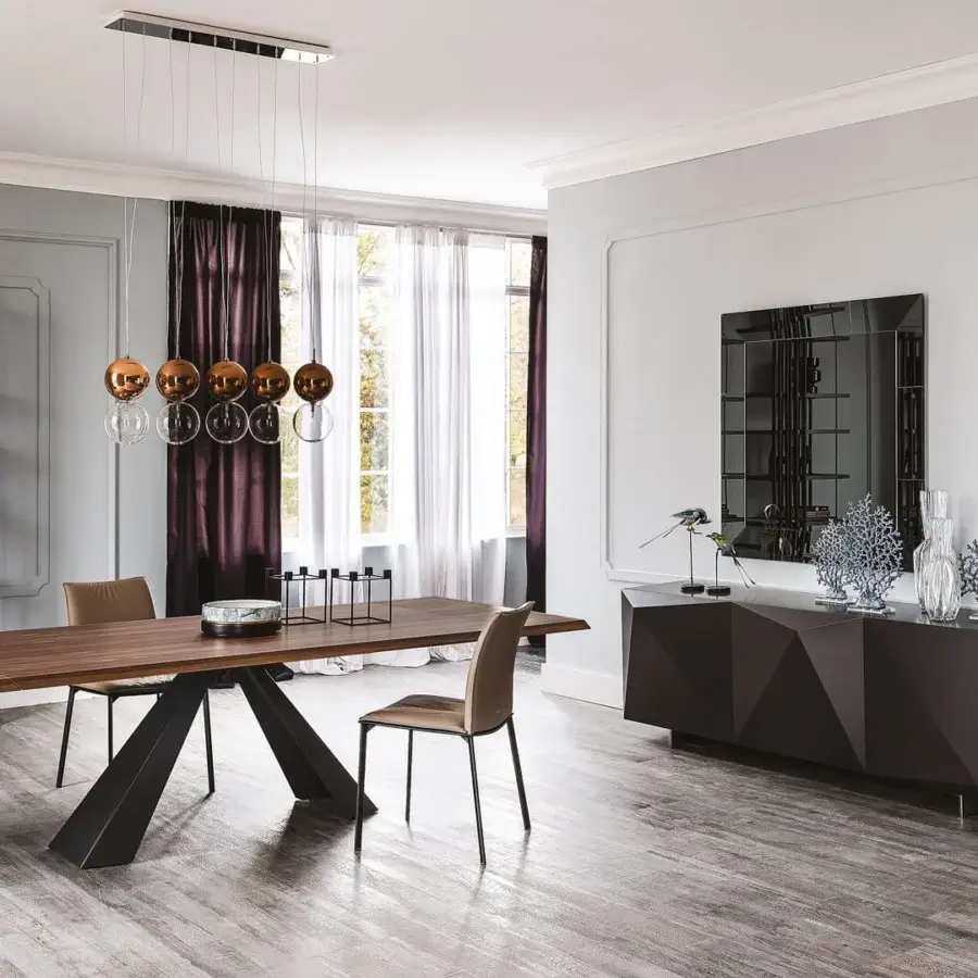Exceptional Cattelan Italia Eliot Wood Drive table with matte black embossed steel and warm brown Canaletto walnut extensions